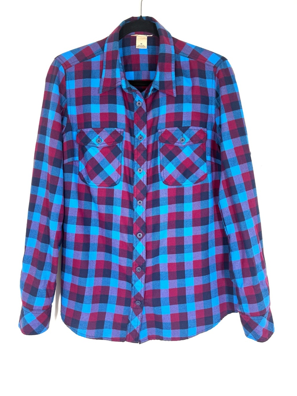 Duluth Trading Co Women’s Blue & Purple Plaid Flashes Button-Down Shirt Medium
